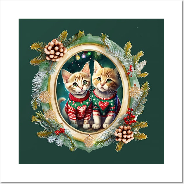 Two cute kittens wearing festive Christmas sweaters with red hearts, in a winter themed picture frame with pinecones and winter berries Wall Art by WitchDesign